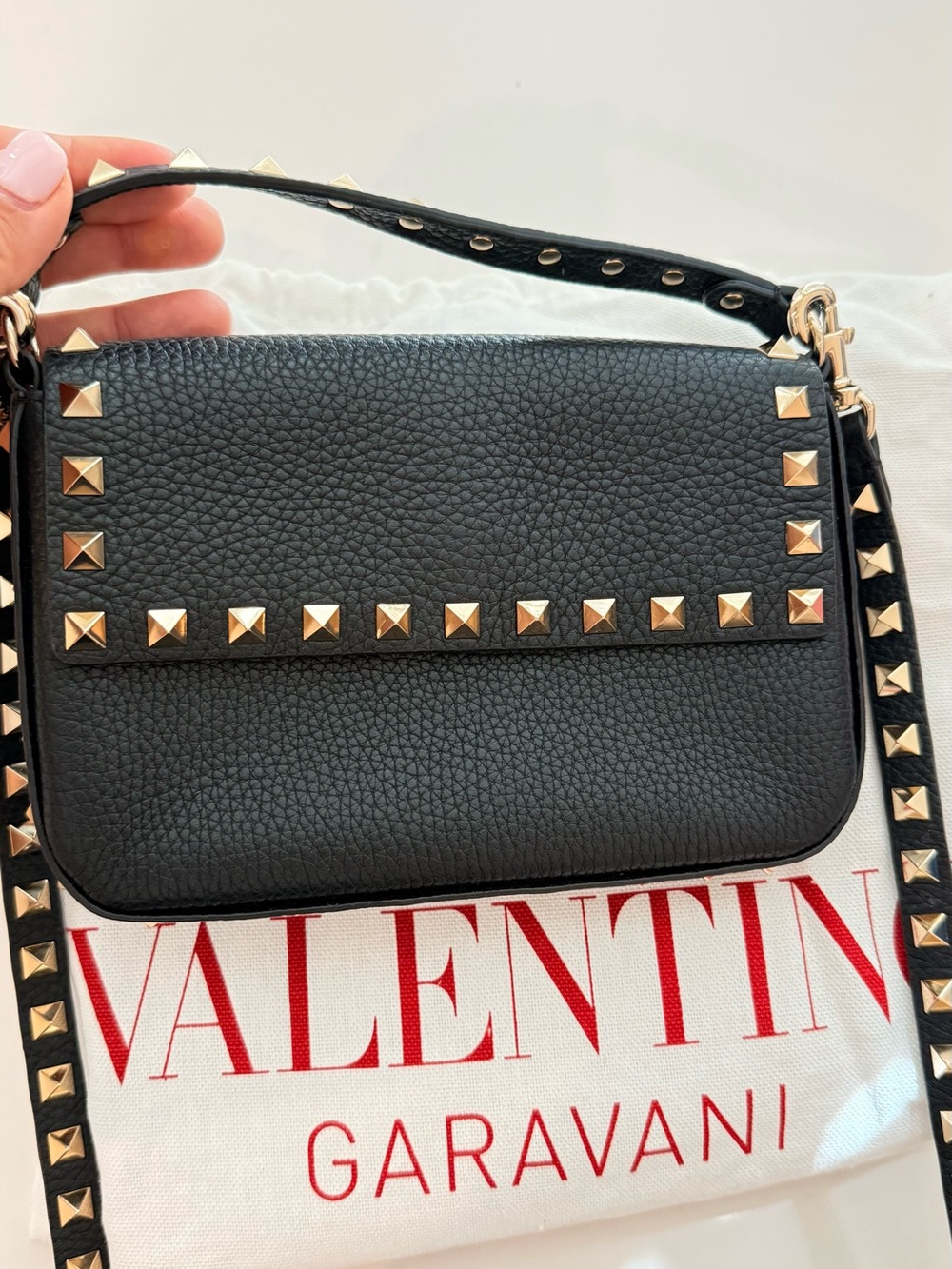 Valentino Garavani Black Leather Rockstud Crossbody Bag with Gold Hardware